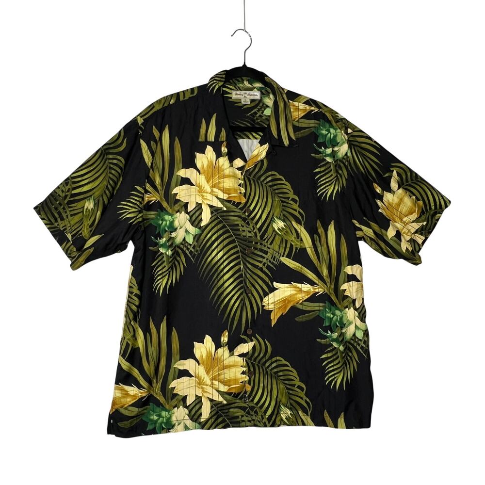 TOMMY BAHAMA Silk Hawaiian Shirt Mens XL Black Floral Camp Aloha